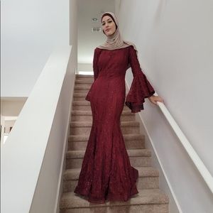 Burgundy lace maxi dress with flute sleeves